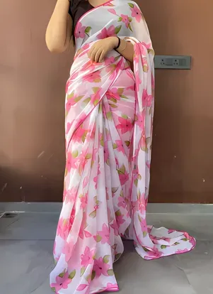 [406282018] Floral Printed Chiffon Saree with Georgette Blouse | Radhe Studio