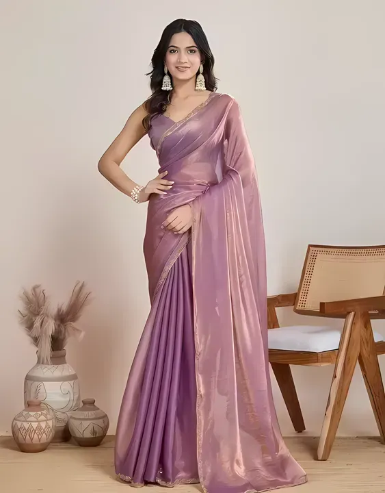 [634260648] Elegant Solid Chiffon Crush Saree with Rich Border & Matching Blouse | Radhe Studio