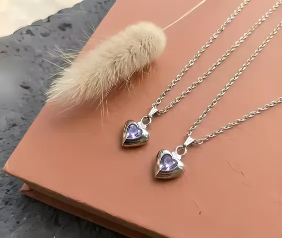 [723585300] Silver Purple Heart Combo Necklace Pendant Chain – Set of 2_SKU-723585300