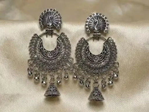 [676849207] Oxidised Silver Peacock Chandbali Jhumka Earrings_SKU-676849207