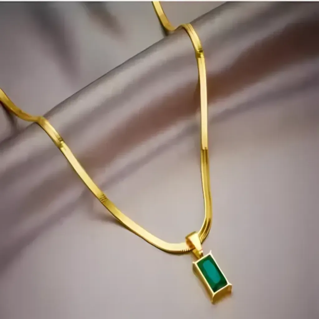 [461053365] Gold Plated Stainless Steel Cubic Zirconia Green Emerald Pendant with Waterproof Flat Snake Chain Necklace