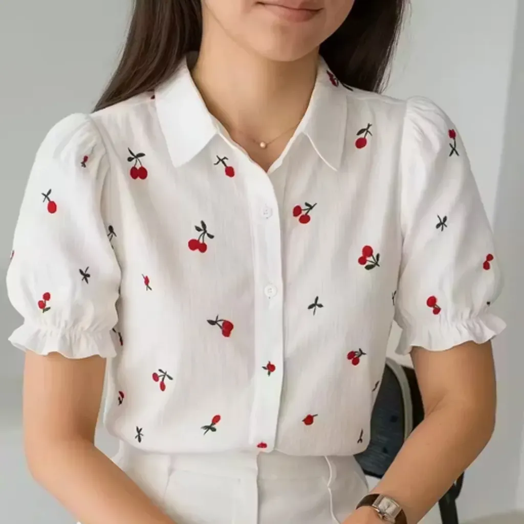 Women's White Cherry Print Ruffled Sleeve – Cotton Blend Casual Top (S)