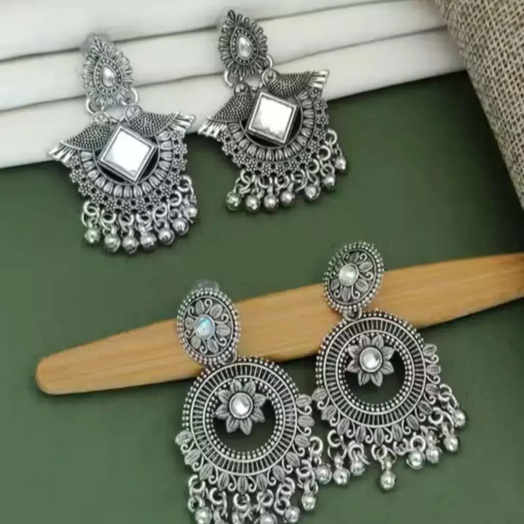 [596786179] Mirror Work Oxidised Chandbali Earrings – Set of 2