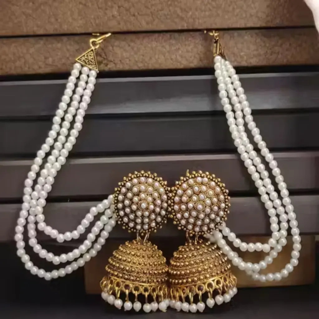 [528132305] Trendy White Pearl Stud Jhumkha Earrings – Gold Plated Alloy