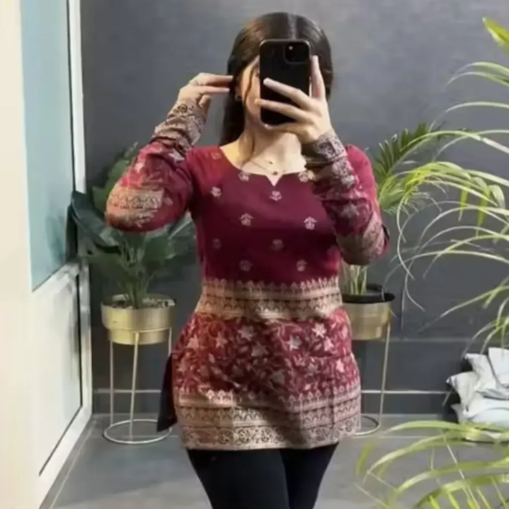 Women's Printed Cotton Short Kurti - Long Sleeve Ethnic Kurti - Casual Wear (XS-XXL) (XS, Maroon)