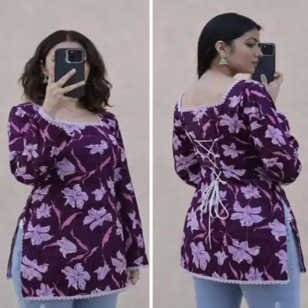 Radhe Studio Women's Wine Floral Printed Rayon - Back Dori Tie-Up Tunic, Long Sleeve Ethnic Top (XS-XXL) (XS)