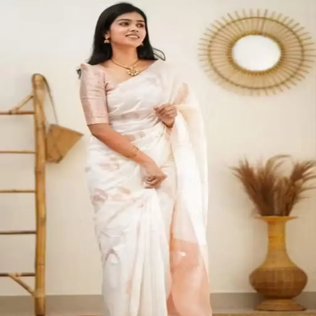 Radhe Studio Women's Banarasi Soft Silk Saree - White & Gold Zari Woven Litchi Silk Jacquard with Unstitched Blouse Piece