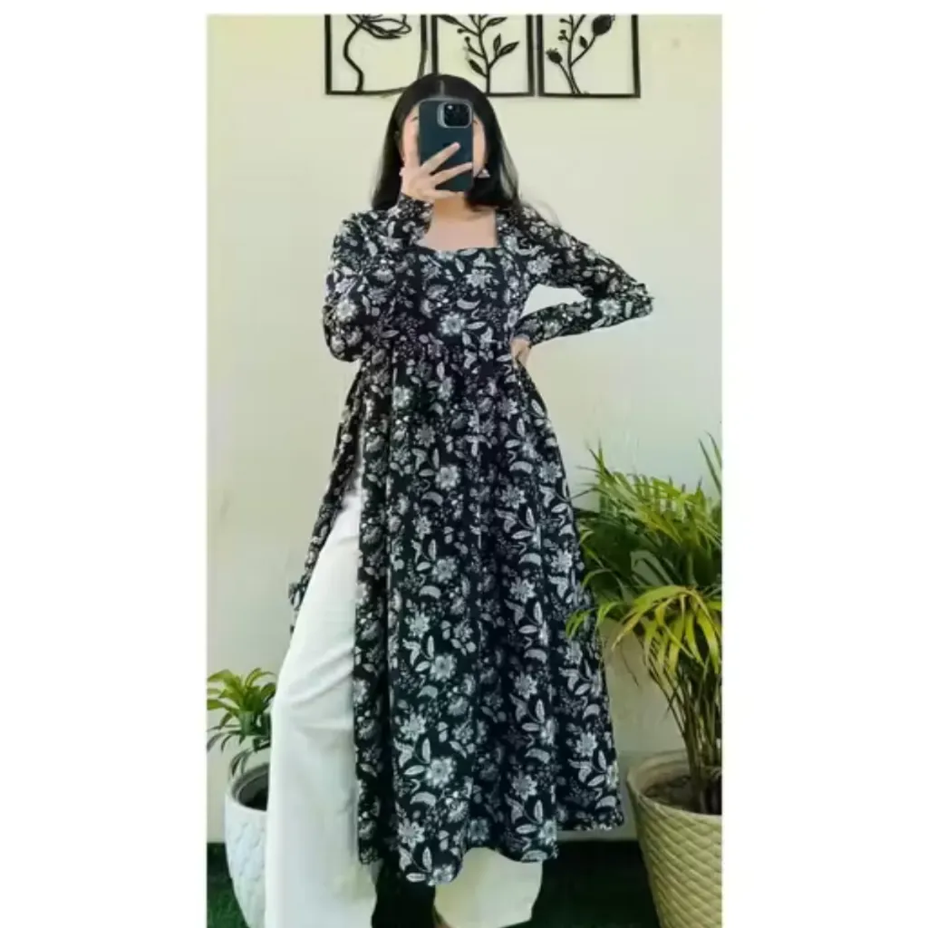Black Nayra Cut Long Kurti - Full Sleeve Printed Cotton Ethnic with Tassel Dori (XS-XXL) (XS)