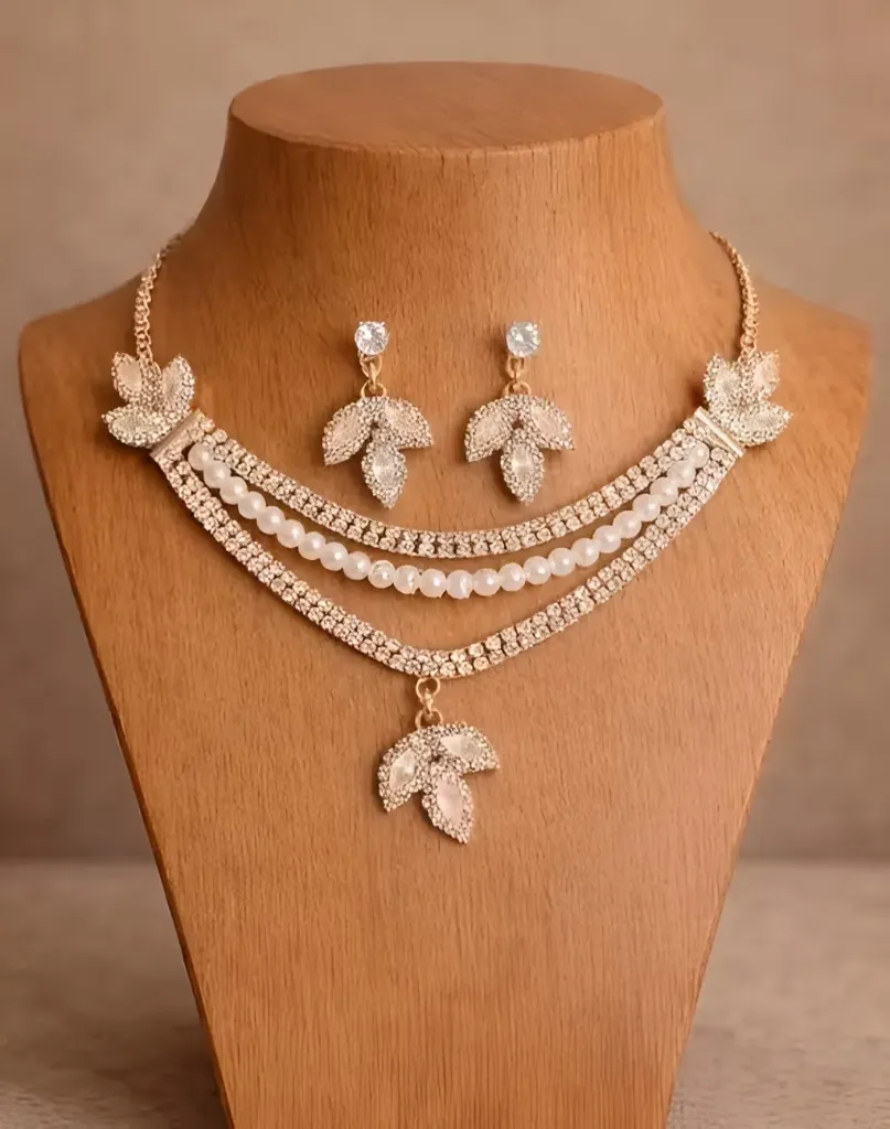 Premium Rose Gold Pearl Leaf Necklace Set for Women | Korean Style Pearl Necklace with Earrings & AD Stones, Adjustable Party & Wedding Jewellery_SKU-700830809