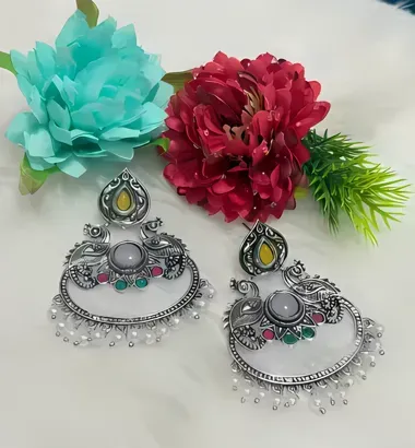 Traditional Oxidised Silver Chandbali Earrings with Pearls & Peacock Motif_SKU-572269103