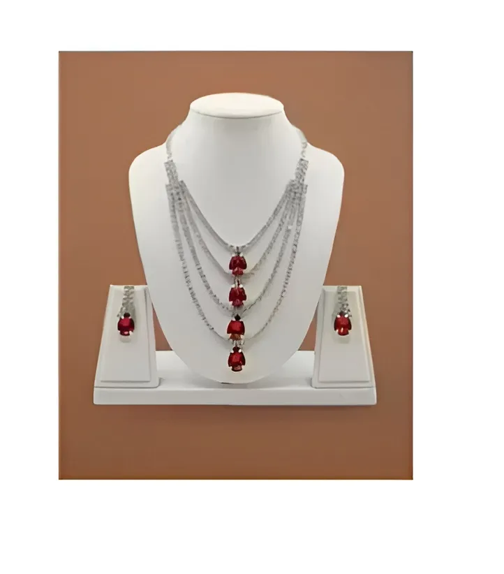 Elegant Silver Plated Red Crystal Layered Necklace Set with Earrings for Women_SKU-700777863