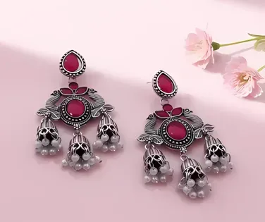 Ethnic Oxidized Silver Peacock Jhumka Earrings with Black Stone & Pearl Drops_SKU-635590932