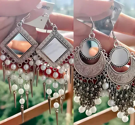 Pack of 2 Oxidised Silver Mirror Jhumka Set_SKU-612366046