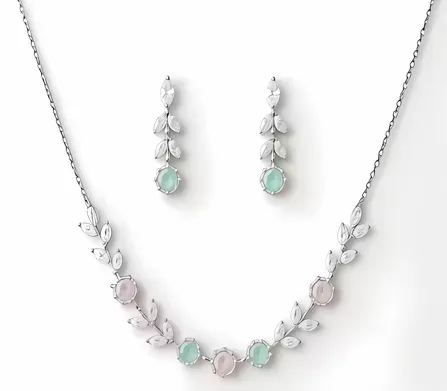 American Diamond Pink & Mint Green Necklace Set_SKU-652110623