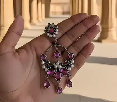 Indo-Western Purple Silver Oxidised Chandelier Earrings with Pearls | Radhe Studio_660306282