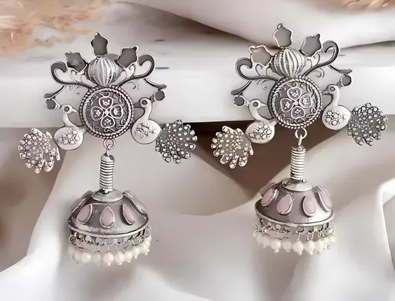 Antique Oxidized Silver Indo-Western Peacock Jhumka Earrings with Pink Stones & Pearls | Radhe Studio_505487307