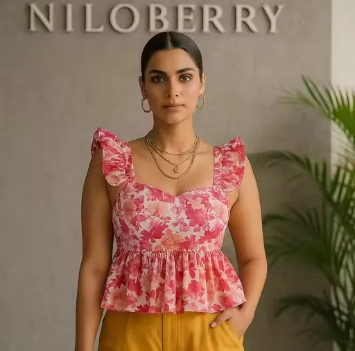 Ruffle Sleeve Multicolor Printed Crop Top for Girls | Radhe Studio (XS)