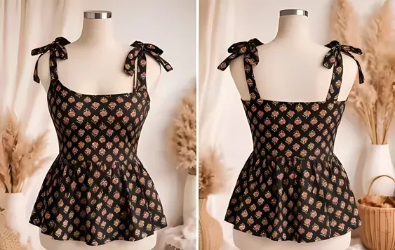 Black Floral Printed Tie-Up Strap Peplum Top for Girls | Sleeveless Trendy Casual Top | Radhe Studio (S)